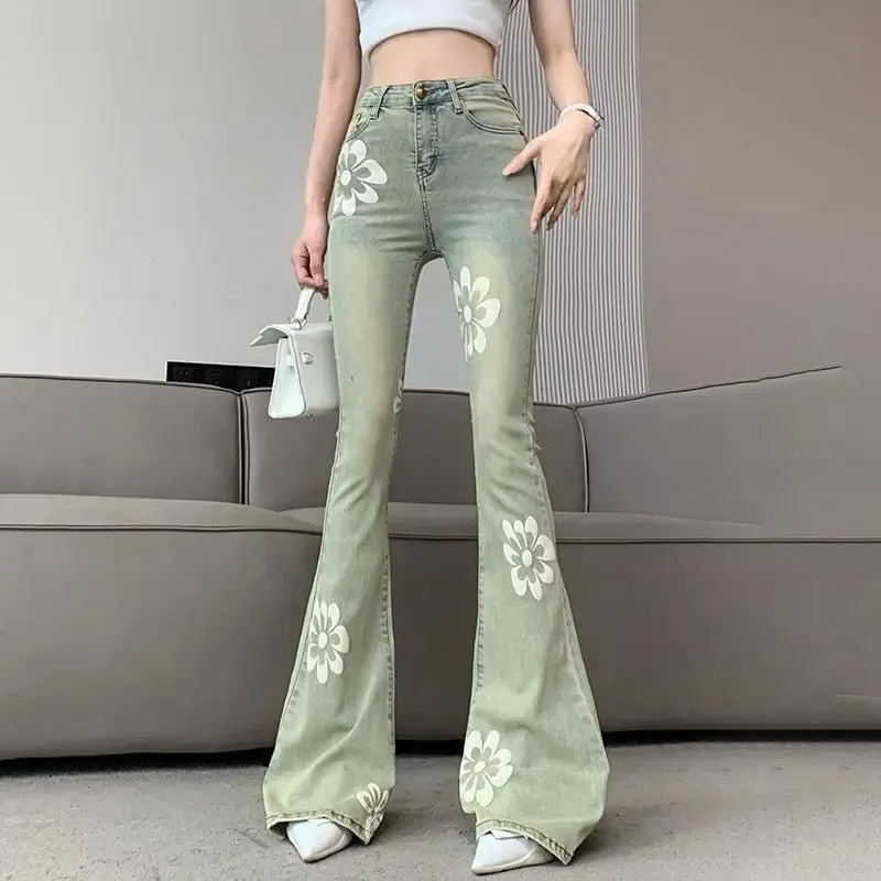 Vintage Floral High-Waist Skinny Flare Jeans - Retro Inspired