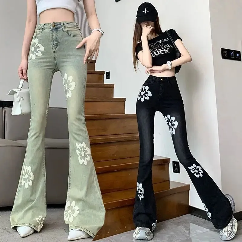 Vintage Floral High-Waist Skinny Flare Jeans - Retro Inspired