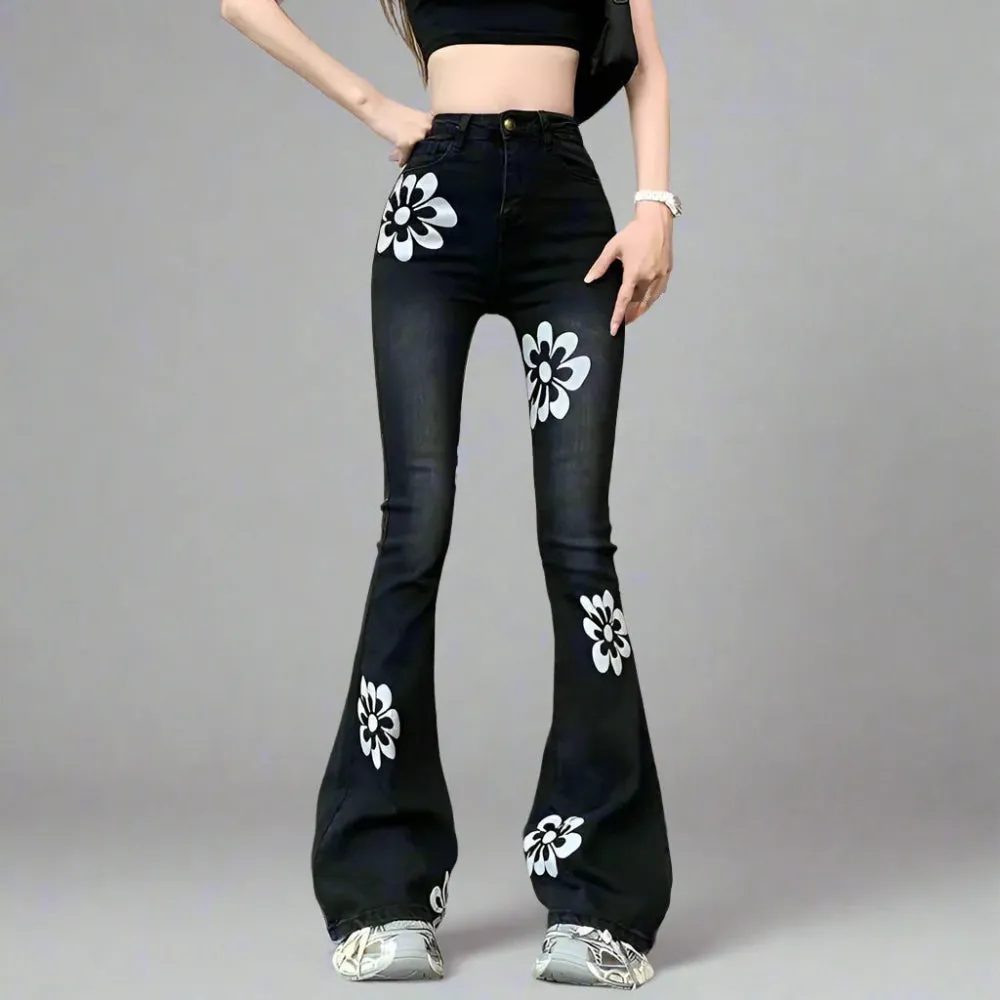 Vintage Floral High-Waist Skinny Flare Jeans - Retro Inspired