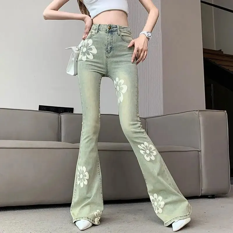 Vintage Floral High-Waist Skinny Flare Jeans - Retro Inspired