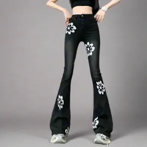 Vintage Floral High-Waist Skinny Flare Jeans - Retro Inspired