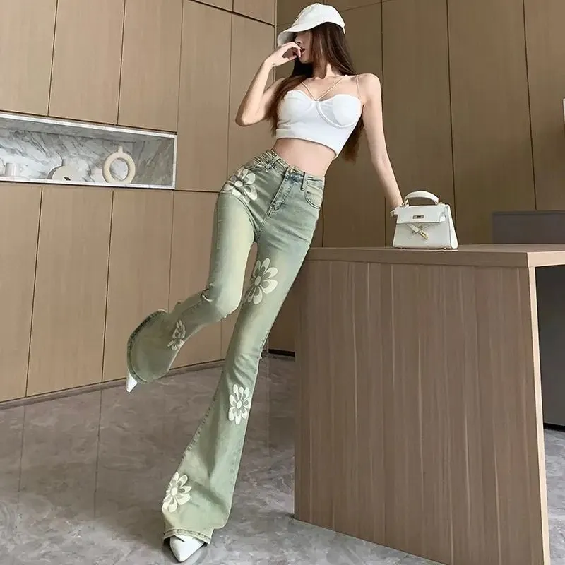 Vintage Floral High-Waist Skinny Flare Jeans - Retro Inspired