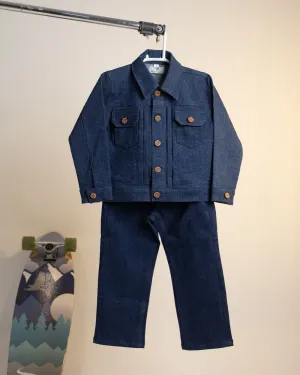 WASHED DOWN BLUE RINSE DENIM PLEATED JACKET WITH MATCHING PANTS CO-ORD SET