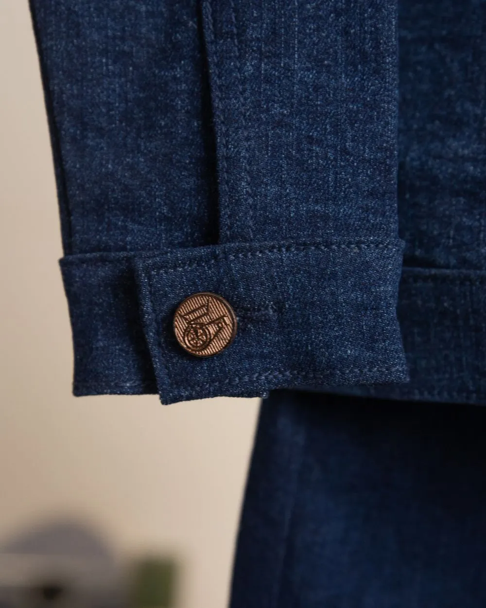 WASHED DOWN BLUE RINSE DENIM PLEATED JACKET WITH MATCHING PANTS CO-ORD SET
