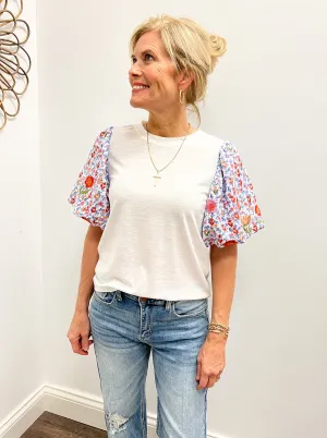 White W/ Floral Embroidered Puff Slv Top