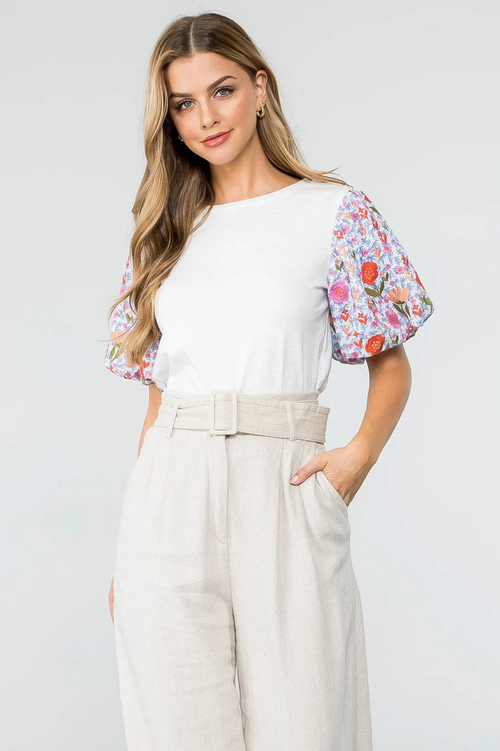 White W/ Floral Embroidered Puff Slv Top