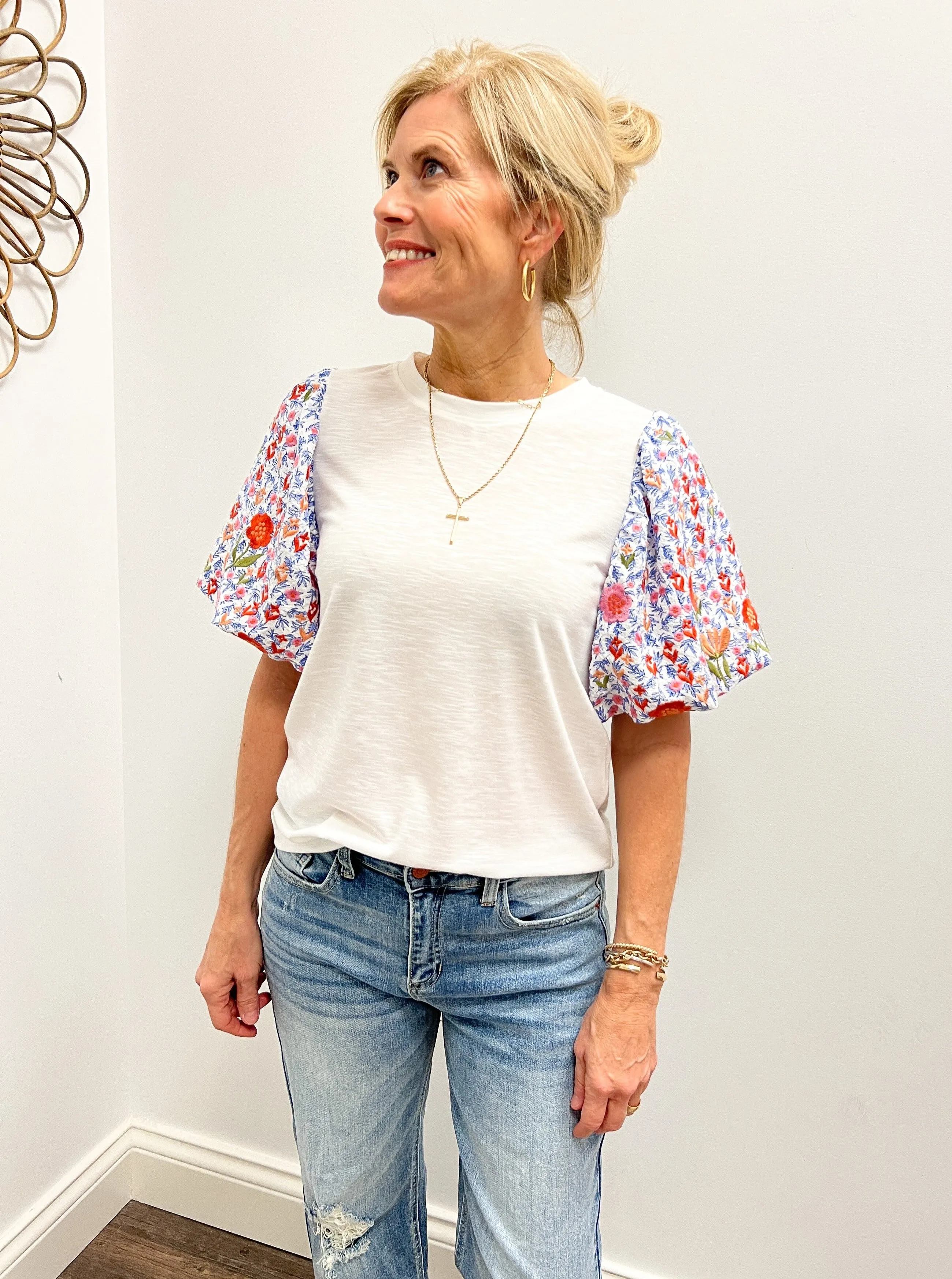 White W/ Floral Embroidered Puff Slv Top