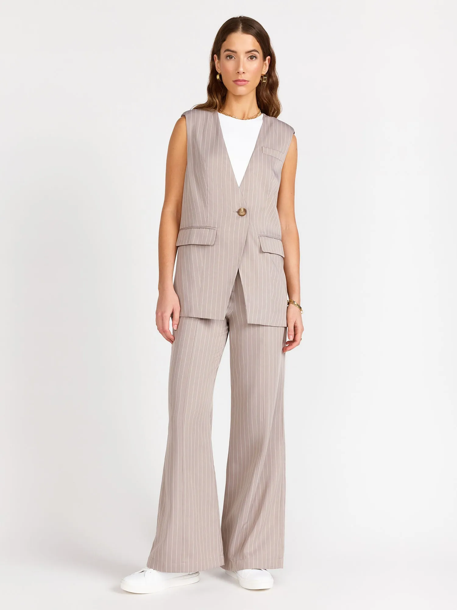 Wide Leg Woven Pinstripe Pant - Crescent