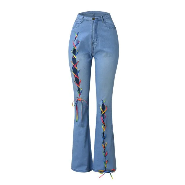 Women Button High Waist Slim Band Bell Bottom Flared Jeans Pants Stitching Jeans Causal Vintage Denim Pants