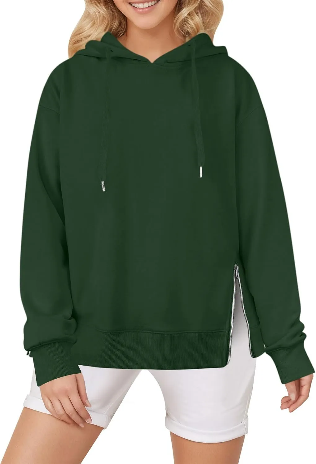 Womens Hooded Sweatshirt Fashion Solid Color Side Zipper Long Sleeves Loose Casual Pullover Oversized Hoodies Tops