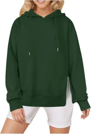 Womens Hooded Sweatshirt Fashion Solid Color Side Zipper Long Sleeves Loose Casual Pullover Oversized Hoodies Tops