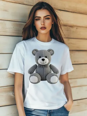 Women's Teddy Bear Lattice Simple Stylish Print T-Shirt Fashion