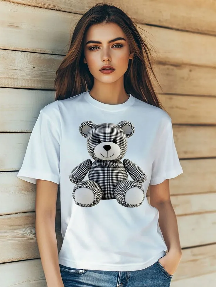 Women's Teddy Bear Lattice Simple Stylish Print T-Shirt Fashion