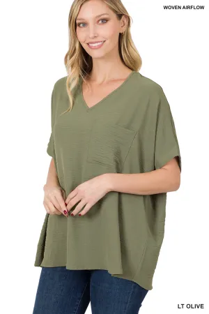WOVEN AIRFLOW V-NECK DOLMAN SHORT SLEEVE TOP