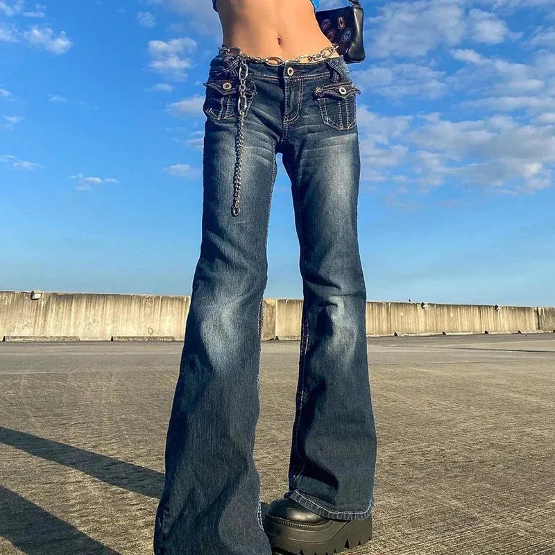 Y2K Flare Low Rise Jeans, Baggy Denim Bell Bottoms for Girls
