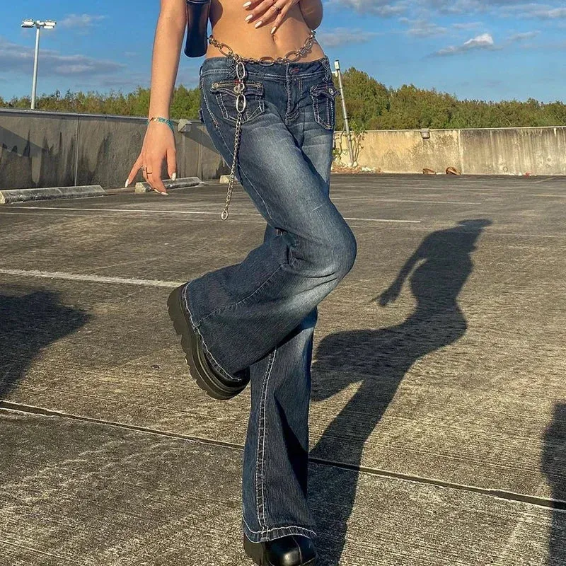 Y2K Flare Low Rise Jeans, Baggy Denim Bell Bottoms for Girls